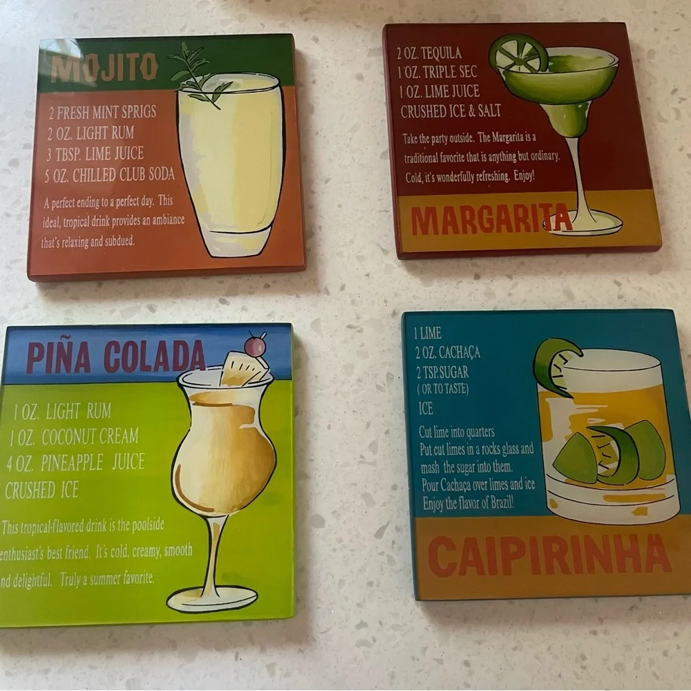 Pier 1 Cocktail Glass Top Wooden Coasters Set of 4 in Box